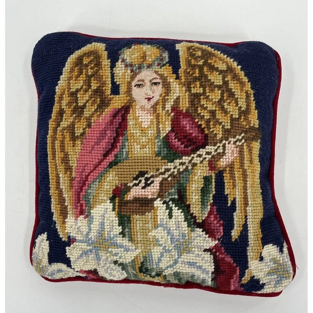 Vintage Needlepoint Wool Throw Pillow Christmas Angel Decor 9 x 9 Red Velvet